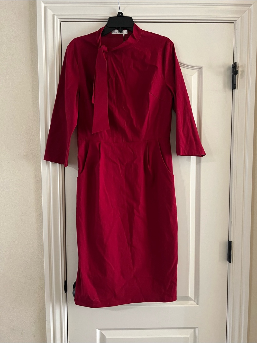 Tie-Neck Red Long Sleeve Sheath Dress